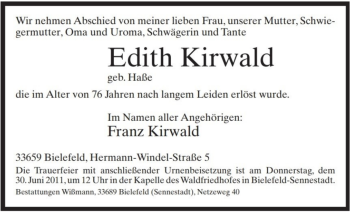 Traueranzeige von Edith Kirwald von Neue Westfälische