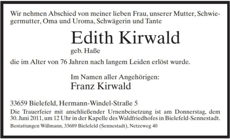  Traueranzeige für Edith Kirwald vom 27.06.2011 aus Neue Westfälische