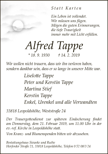 Traueranzeige von Alfred Tappe