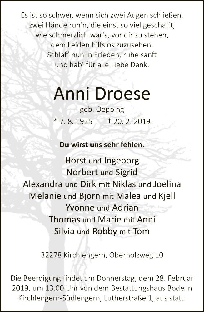  Traueranzeige für Anni Droese vom 23.02.2019 aus Neue Westfälische