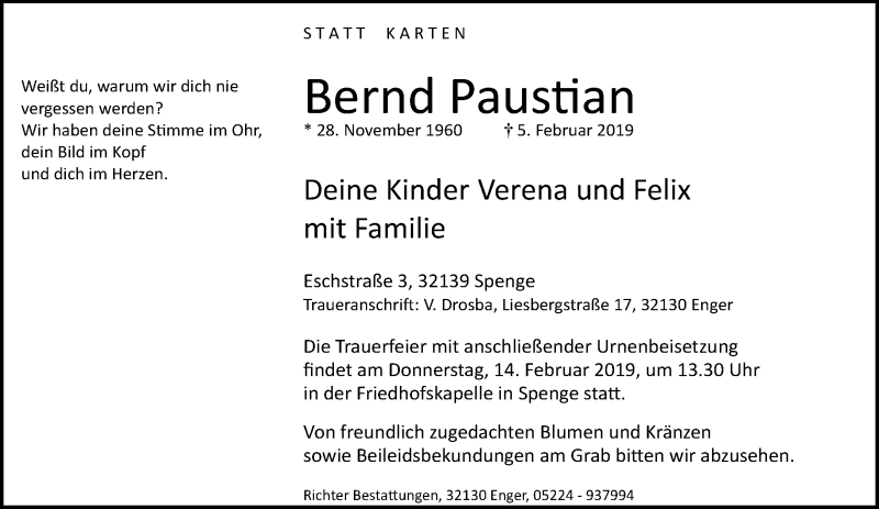  Traueranzeige für Bernd Paustian vom 09.02.2019 aus Neue Westfälische