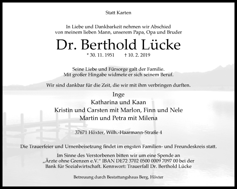  Traueranzeige für Berthold Lücke vom 13.02.2019 aus Neue Westfälische