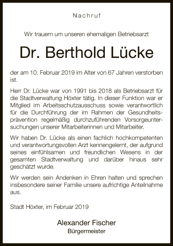 Traueranzeige von Berthold Lücke von Neue Westfälische