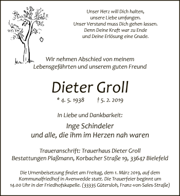 Traueranzeige von Dieter Groll von Neue Westfälische