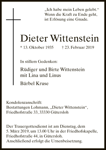 Traueranzeige von Dieter Wittenstein von Neue Westfälische
