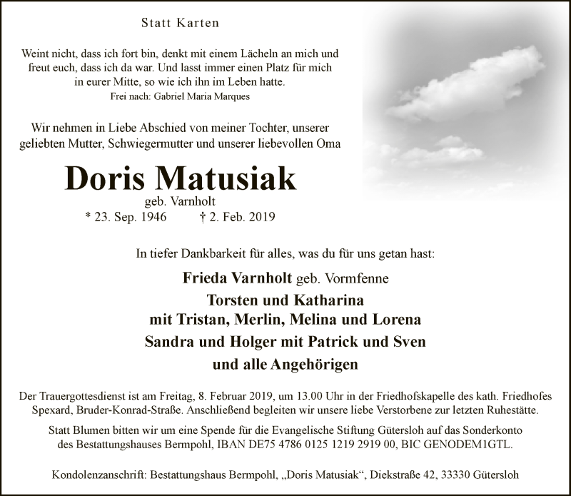  Traueranzeige für Doris Matusiak vom 06.02.2019 aus Neue Westfälische