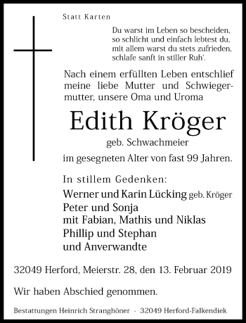 Traueranzeige von Edith Kröger von Neue Westfälische
