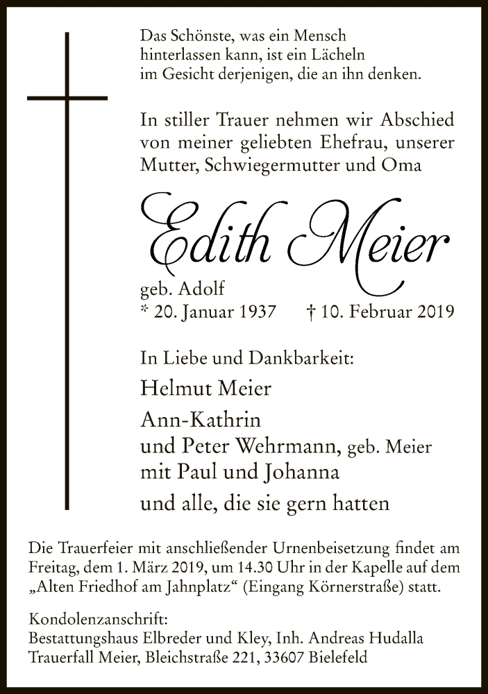  Traueranzeige für Edith Meier vom 16.02.2019 aus Neue Westfälische