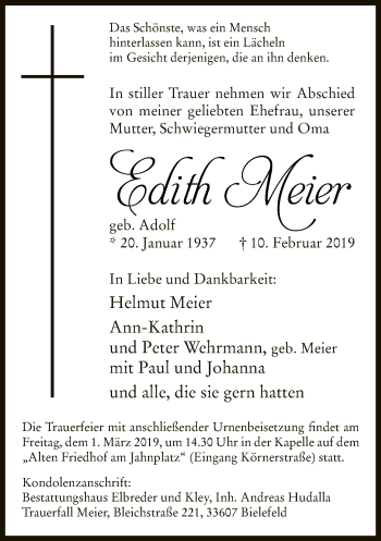 Traueranzeige von Edith Meier von Neue Westfälische