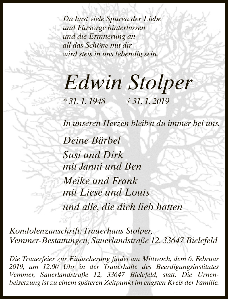  Traueranzeige für Edwin Stolper vom 02.02.2019 aus Neue Westfälische