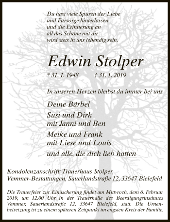Traueranzeige von Edwin Stolper von Neue Westfälische