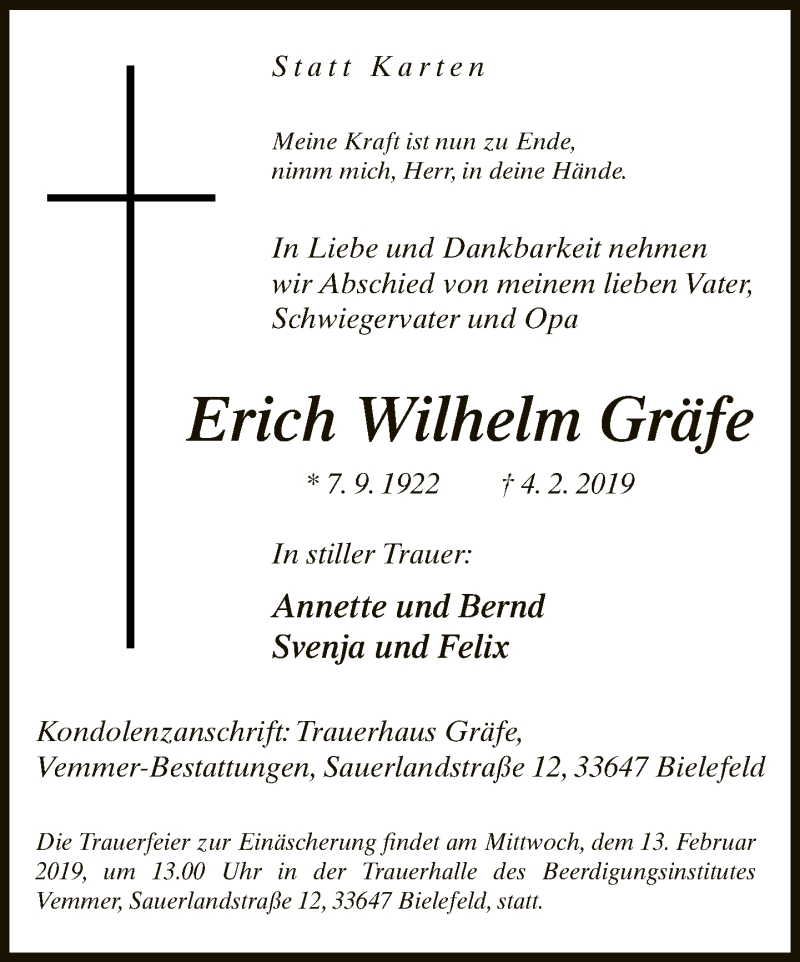  Traueranzeige für Erich Wilhelm Gräfe vom 09.02.2019 aus Neue Westfälische
