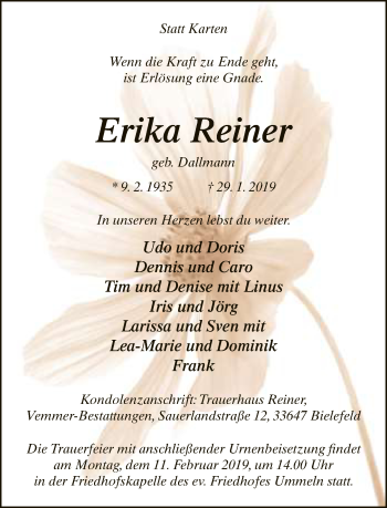 Traueranzeige von Erika Reiner von Neue Westfälische