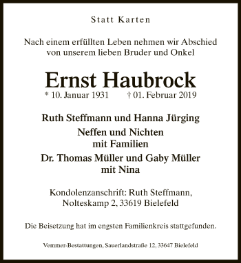 Traueranzeige von Ernst Haubrock von Neue Westfälische