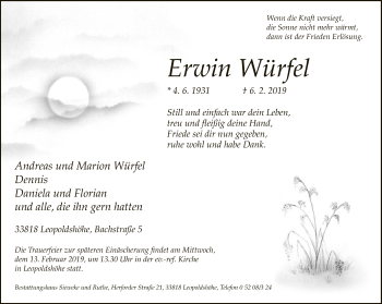 Traueranzeige von Erwin Würfel