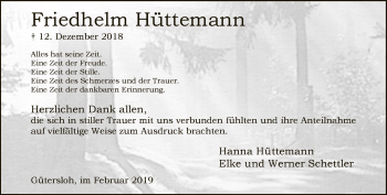 Traueranzeige von Friedhelm Hüttemann von Neue Westfälische