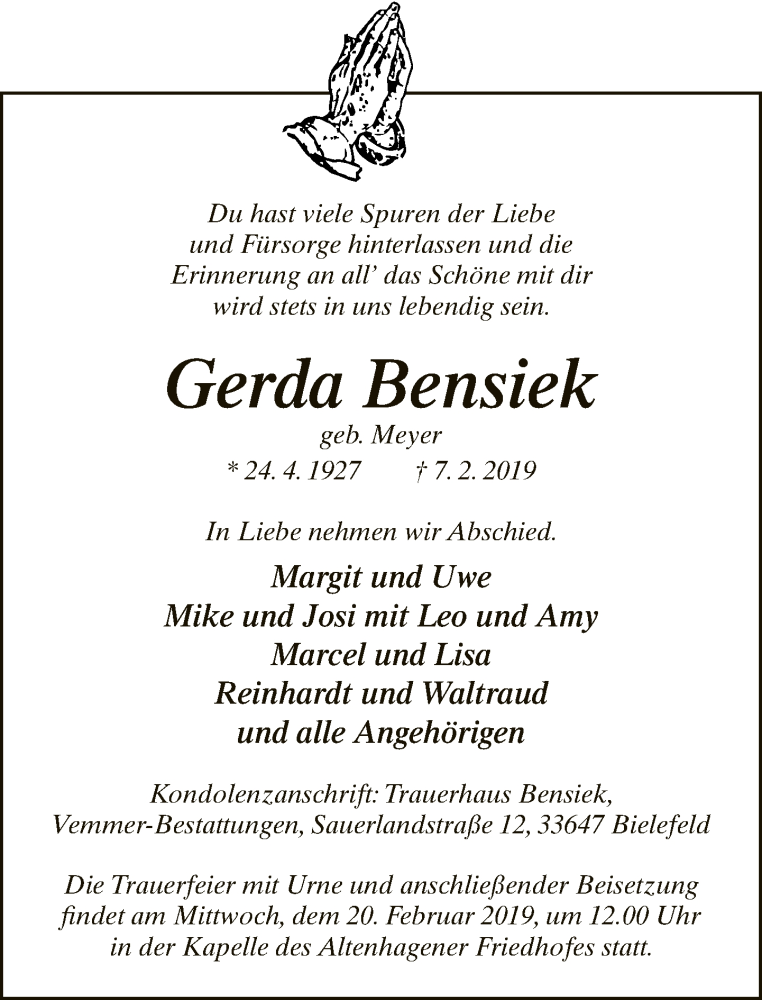  Traueranzeige für Gerda Bensiek vom 16.02.2019 aus Neue Westfälische
