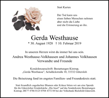 Traueranzeige von Gerda Westhause von Neue Westfälische