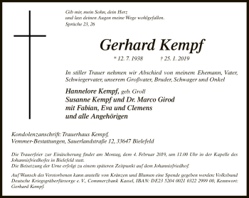 Traueranzeige von Gerhard Kempf von Neue Westfälische