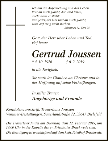 Traueranzeige von Gertrud Joussen von Neue Westfälische