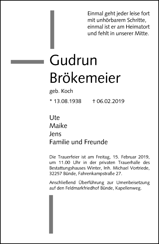  Traueranzeige für Gudrun Brökemeier vom 12.02.2019 aus Neue Westfälische
