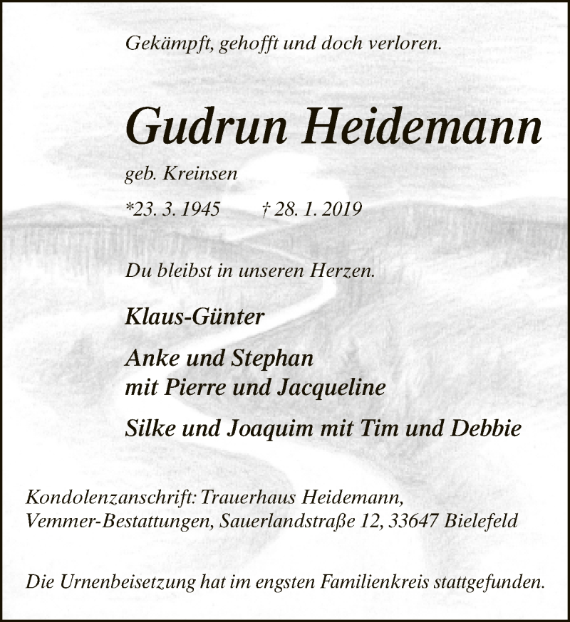  Traueranzeige für Gudrun Heidemann vom 16.02.2019 aus Neue Westfälische