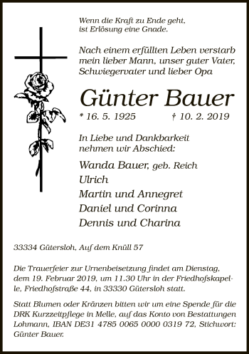 Traueranzeige von Günter Bauer von Neue Westfälische