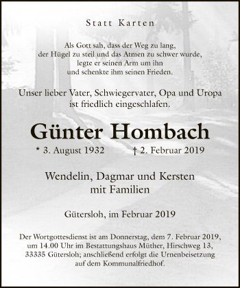 Traueranzeige von Günter Hombach von Neue Westfälische