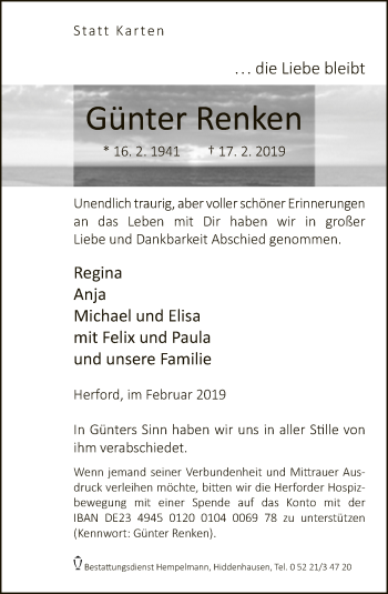 Traueranzeige von Günter Renken von Neue Westfälische