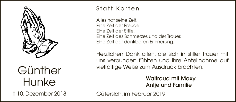  Traueranzeige für Günther Hunke vom 06.02.2019 aus Neue Westfälische