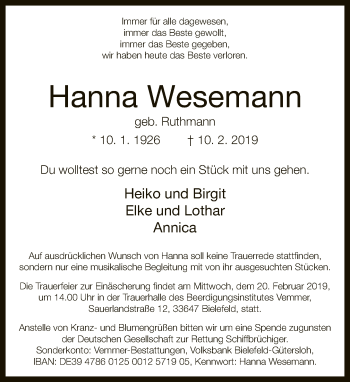Traueranzeige von Hanna Wesemann von Neue Westfälische