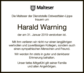 Traueranzeige von Harald Warning von Neue Westfälische