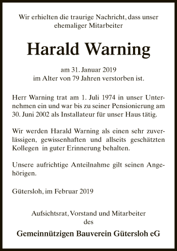 Traueranzeige von Harald Warning von Neue Westfälische