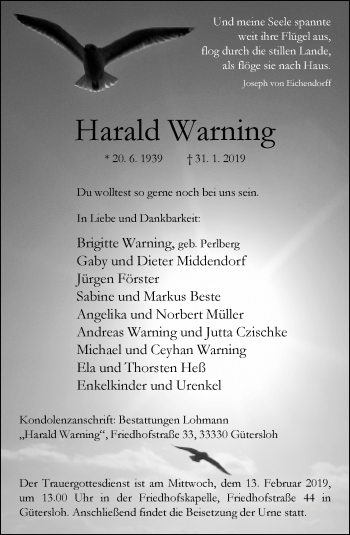 Traueranzeige von Harald Warning von Neue Westfälische