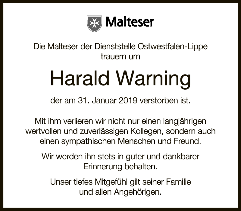  Traueranzeige für Harald Warning vom 06.02.2019 aus Neue Westfälische