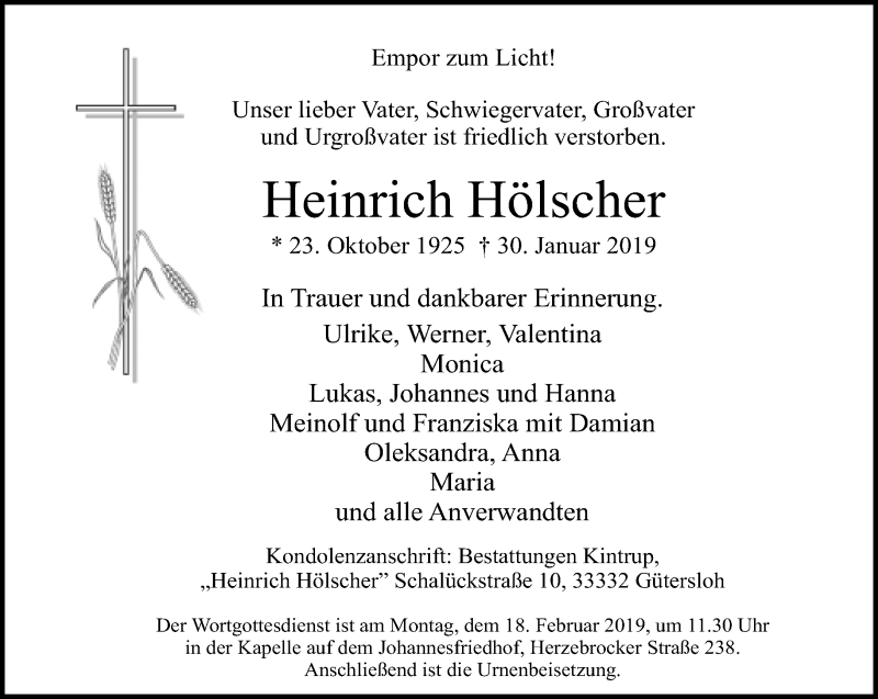  Traueranzeige für Heinrich Hölscher vom 02.02.2019 aus Neue Westfälische