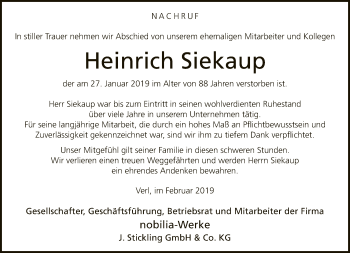 Traueranzeige von Heinrich Siekaup von Neue Westfälische