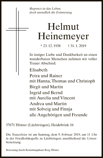 Traueranzeige von Helmut Heinemeyer von Neue Westfälische