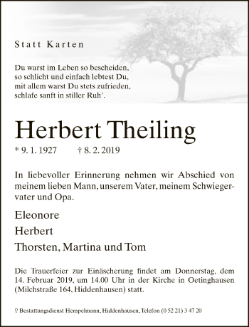 Traueranzeige von Herbert Theiling von Neue Westfälische