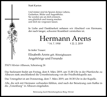 Traueranzeige von Hermann Arens von Neue Westfälische