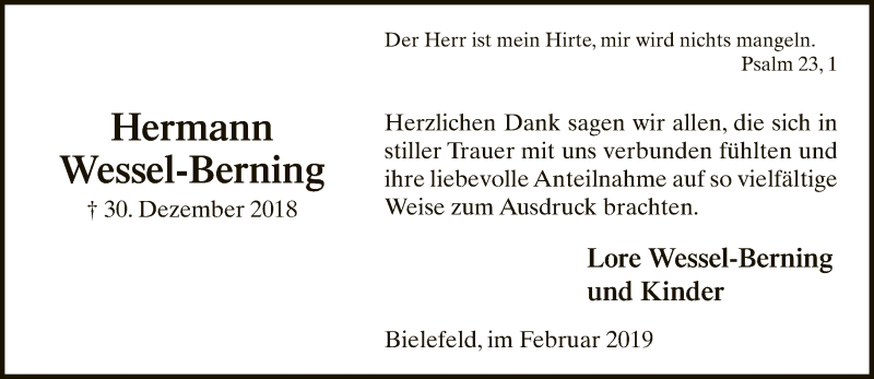  Traueranzeige für Hermann Wessel-Berning vom 09.02.2019 aus Neue Westfälische