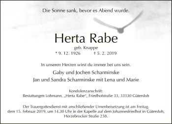 Traueranzeige von Herta Rabe von Neue Westfälische