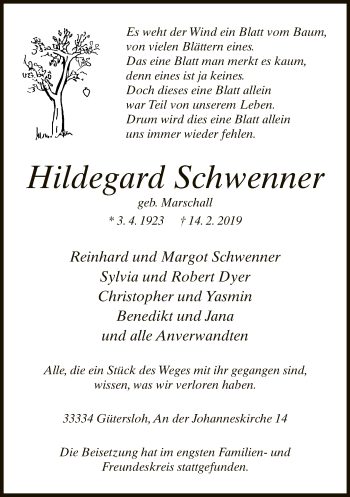 Traueranzeige von Hildegard Schwenner von Neue Westfälische
