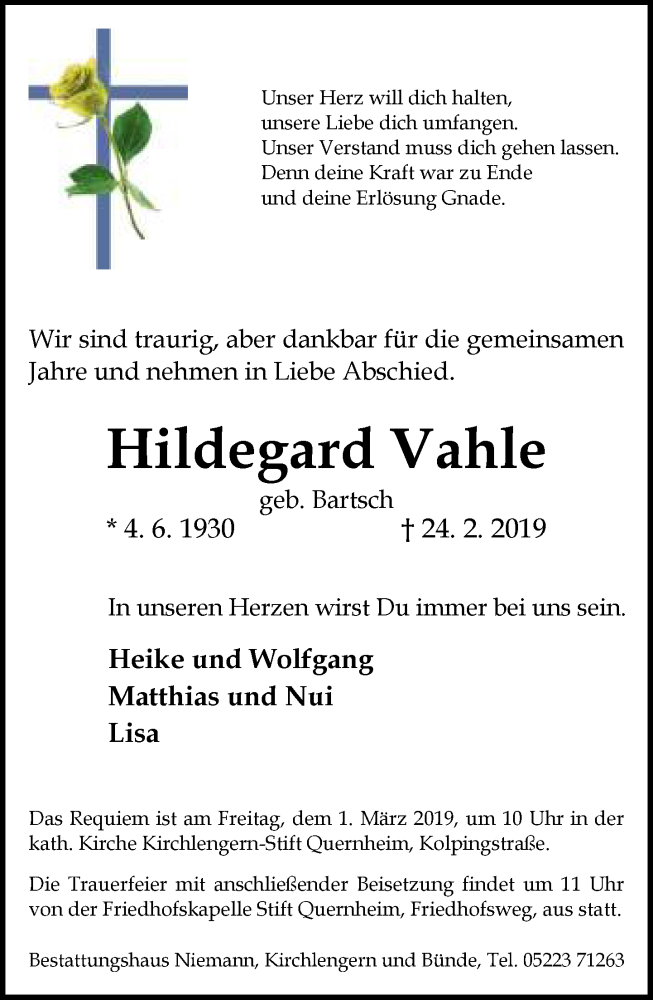  Traueranzeige für Hildegard Vahle vom 27.02.2019 aus Neue Westfälische