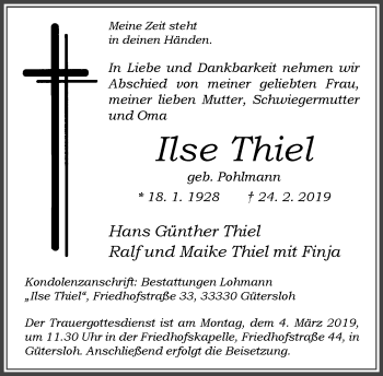 Traueranzeige von Ilse Thiel von Neue Westfälische