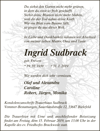 Traueranzeige von Ingrid Sudbrack von Neue Westfälische
