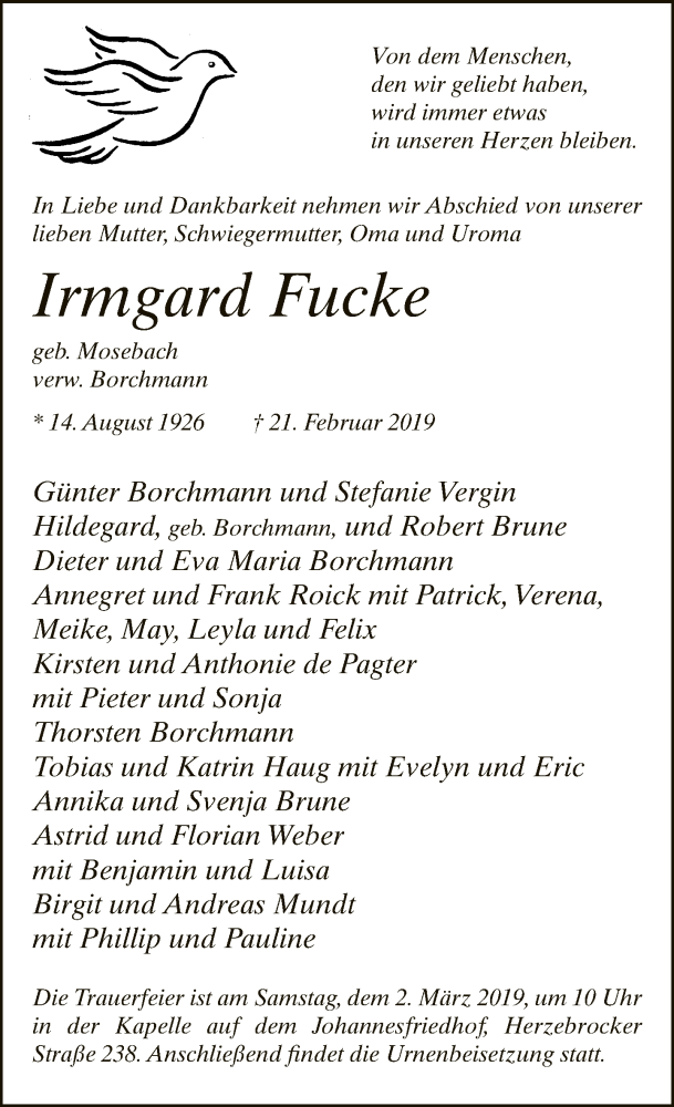  Traueranzeige für Irmgard Fucke vom 27.02.2019 aus Neue Westfälische