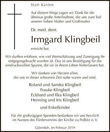 Traueranzeige von Irmgard Klingbeil von Neue Westfälische