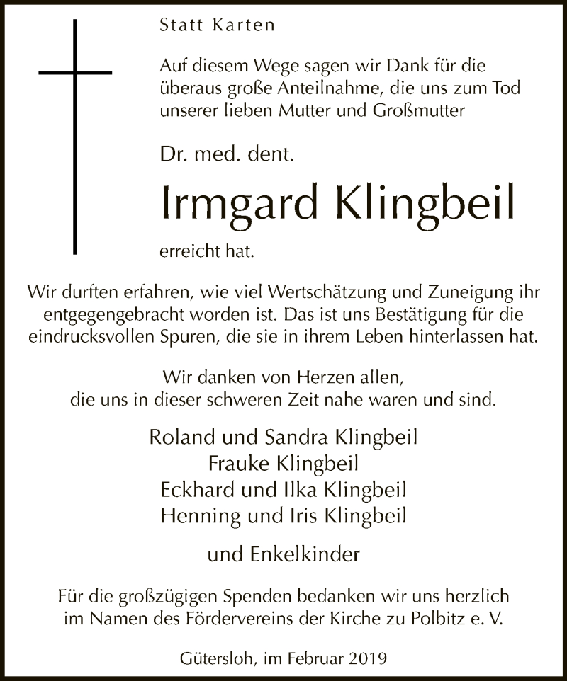  Traueranzeige für Irmgard Klingbeil vom 16.02.2019 aus Neue Westfälische