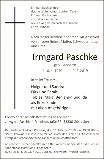 Traueranzeige von Irmgard Paschke von Neue Westfälische